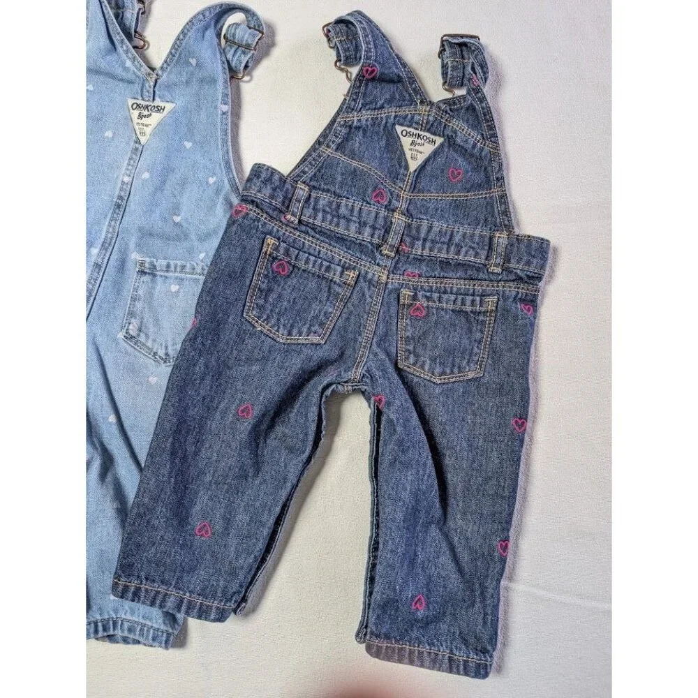 2‎ Set Oshkosh B'Gosh Bib Overalls Baby Infant Size 6 Months Hearts Embroidered